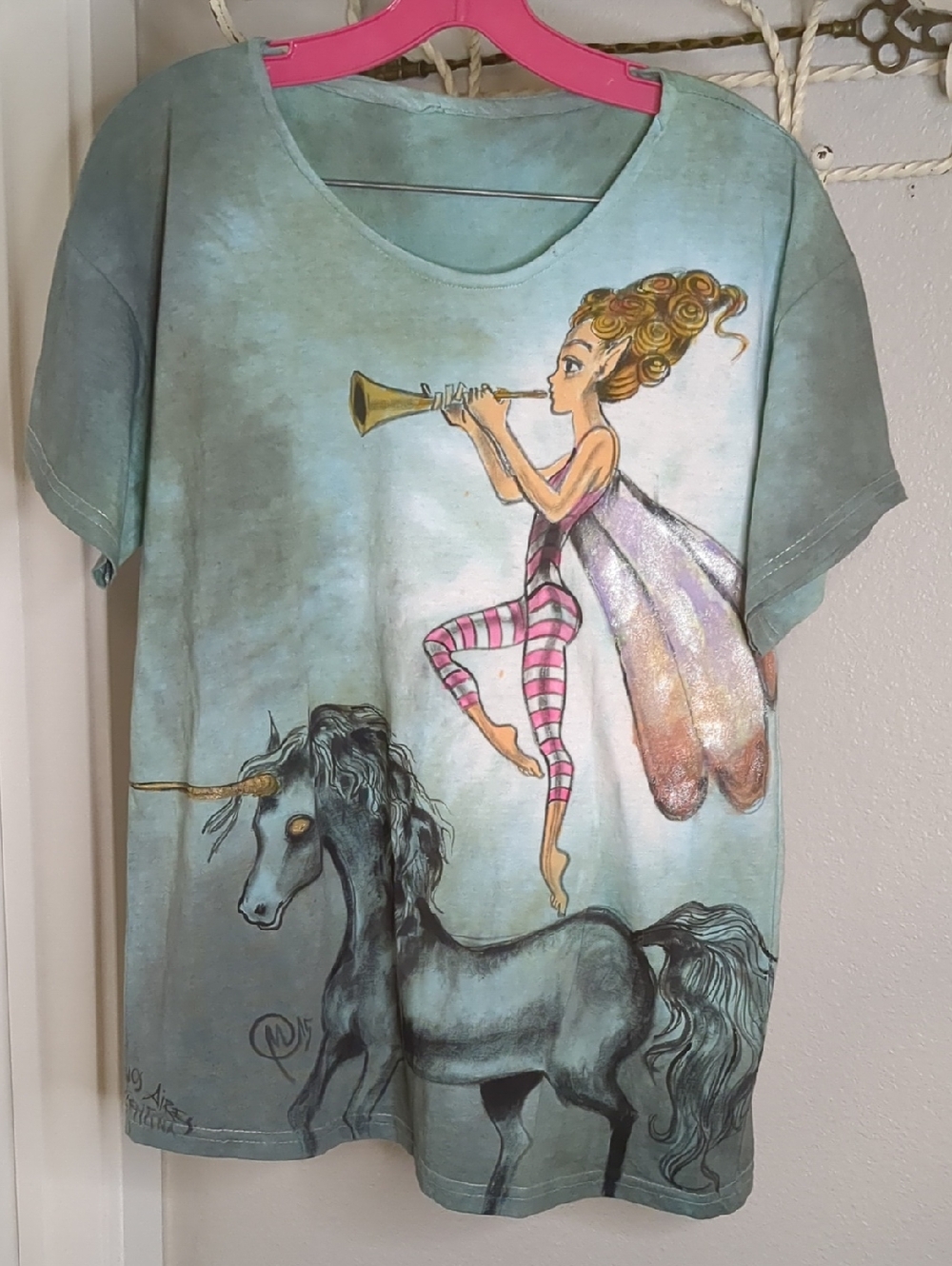 Vintage 90s Hand Painted Whimsical Fairy & Unicorn Graphic Tee Signed